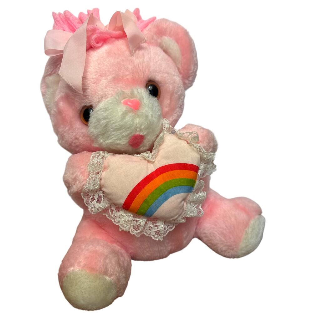 Vintage Pink Plush Bear 12" Rainbow Heart Commonwealth Ribbons Stuffed Animal